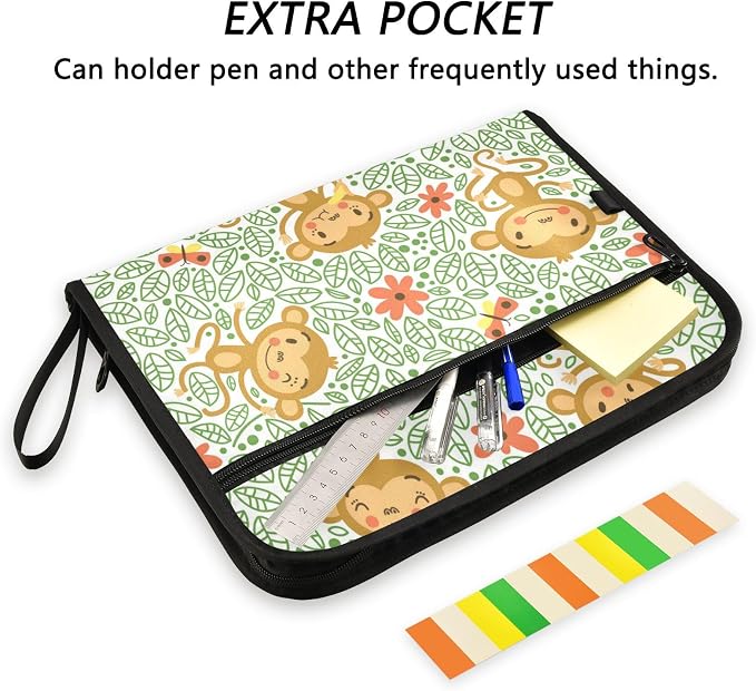 13 Pockets Expanding File Folder Funny Monkeys Green with Sticky Labels Accordion File Folder Document Organizer Letter Size A4 Papers Expandable File Keeper