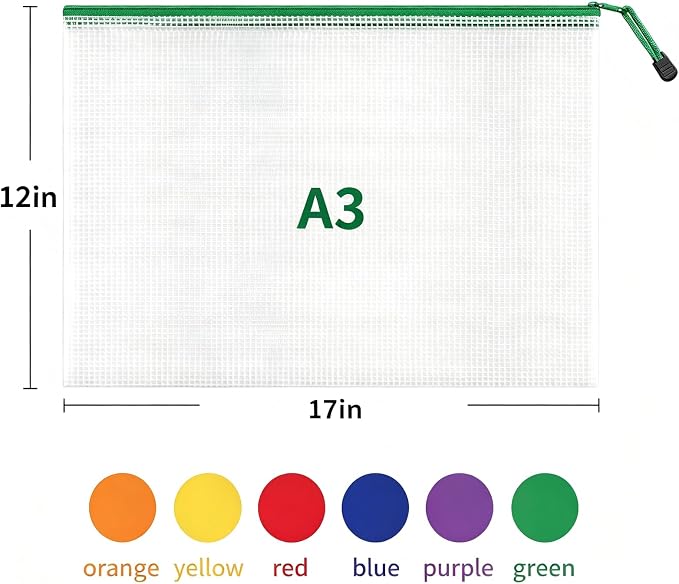 24pcs Mesh Zipper Pouch Bags, A3 17x12 Inches Large Reusable Plastic Zipper Pouches Bag for Organizing Office, File, School, Classroom, Cross Stitch Projects, Puzzle & Board Game Storage Bags