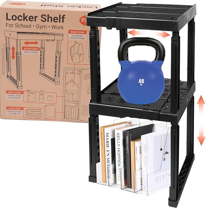 Piffny Locker Organizer Shelf, Adjustable Width and Height, Stackable, 2 Pack, Ideal Locker Shelf for School, Office, Gym Lockers, or Even Kitchen Cabinets & Under Sink Organization (Black)