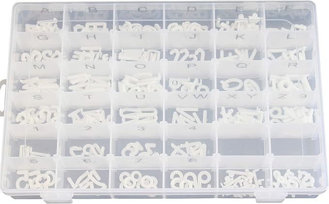 Plastic Organizer Container Box with Adjustable Dividers - 36 Compartments for Letter Board Letters - Stickers Pre Applied to Dividers