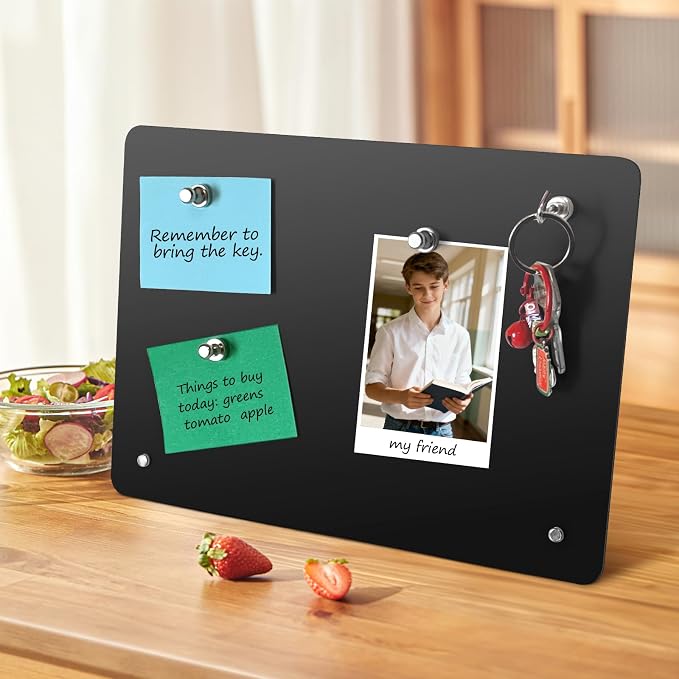 Magnetic Metal Display Bulletin Board, 4 Pack, Black Horizontal | 11x8 Inch, Includes 12 Magnets, For Memos Messages Photos, Home School Kitchen Office