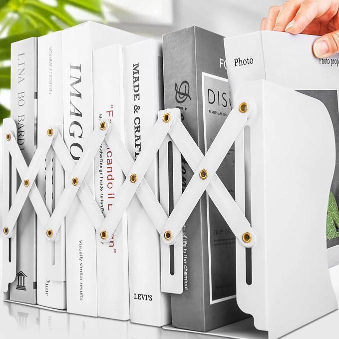 Non Skid Book Ends to Hold Books, Carooyac Heavy Duty Bookends Adjustable Book End, Metal Bookends for Shelves, White Book Holders Organizer for Bookshelf Desk - Extends up to 19"
