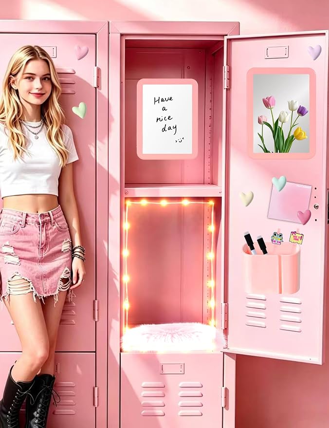 16 PCS Locker Accessories Kit for Girls with Locker Mirror Magnetic Whiteboard Rug Magnets String Lights Sticky Notes Locker Organizer & Decor for School Work, Back to School Essentials-Coral Pink