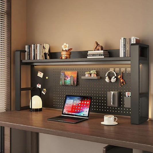 Desk Shelf Organizer for Top of Desk – Desktop Bookshelf with Pegboard & Storage Accessories, Adjustable Hutch for Dorm or Office, Steel Frame Display Shelf, N Black frame + black board 45.3*9.8*26in