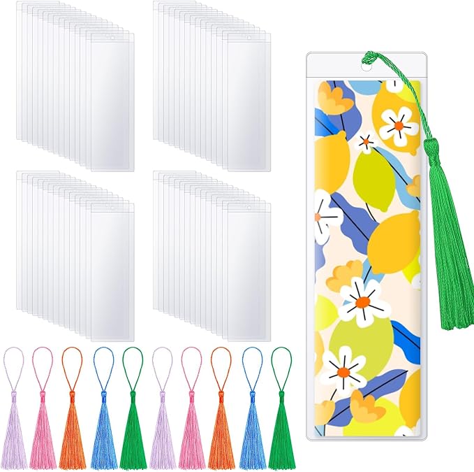50 Pieces Bookmark Sleeves with 50 Pieces Bookmarks Tassels 7.2×2.3 Inches Plastic Bookmark Sleeves for Bookmarks Photos Markers
