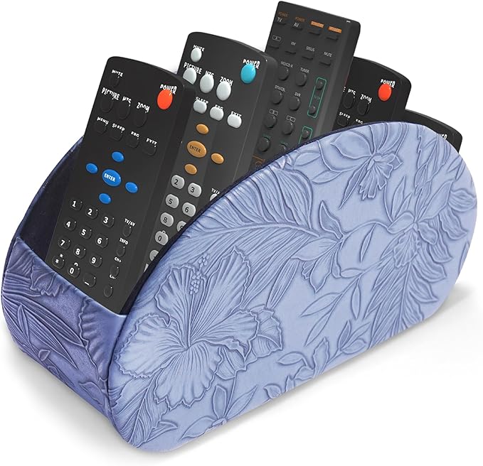 QIELIZI Remote Control Holder, PU Leather Remote Caddy Desktop Organizer with 5 Spacious Compartments for TV Remotes/Media Controllers/Office Supplies (1-Carved Blue