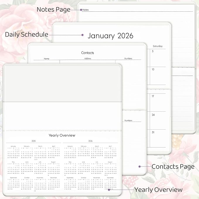 Pocket Calendar 2025-2027, Small Pocket Planner 2026 for Purse, Monthly Planner with Pvc Cover, Small Size (3.5" x 6"), From July 2025 - December 2027 - Pink Flower