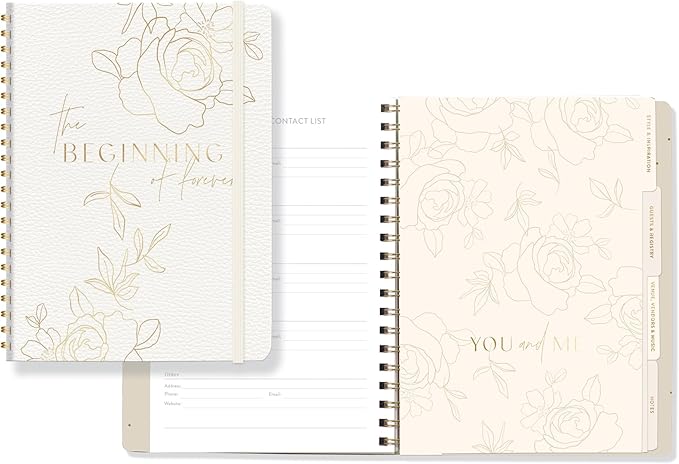 Fringe Studio Faux Leather Cover Semi-Concealed Spiral Wedding Planner, 4 Tab Dividers, Elastic Closure, "CASCADING ROSES", Approx. 7.5" w x 9.75" h, 104 Pg, Wedding Collection (680002)