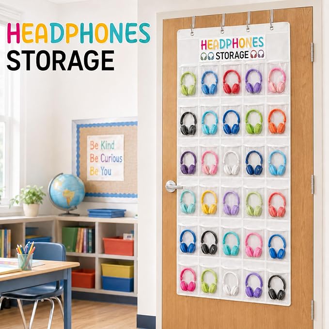 Classroom Headphone Storage Organizer Over the Door Hanging Headphone Storage Bag 30 Clear Organizer Holder Pockets with 2 Stickers 4 Hooks for School Cell Phone Calculators Organization Supplies