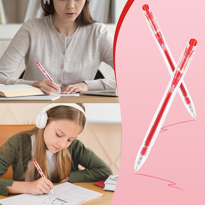 WY WENYUAN 12 Pcs Red Gel Pens, 1.0mm Bold Point Quick Drying Gel Ink Pens, Retractable Ballpoint Pens for Smooth Writing, Ideal for School, Office, Journaling, Note Taking and Correction