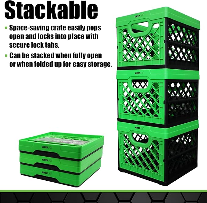 Grip Folding Stackable Storage Bin, Grn, 6 Gallon - Dimensions: 13" x 13" x 11" - Milk Crate - Capacity: 50 lbs - Heavy Duty Plastic - Collapsible Crate for Sporting Goods, Toys, Pool Toys, Files