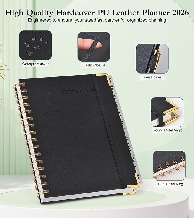 2026 Planner, Hardcover Leather Weekly and Monthly Planner, January 2026 - December 2026, Spiral Yearly Agenda Organizer Book 2026 with Tabs, Daily Calendar Planners for School Work Home, A4 (8.5" x 11"), Black