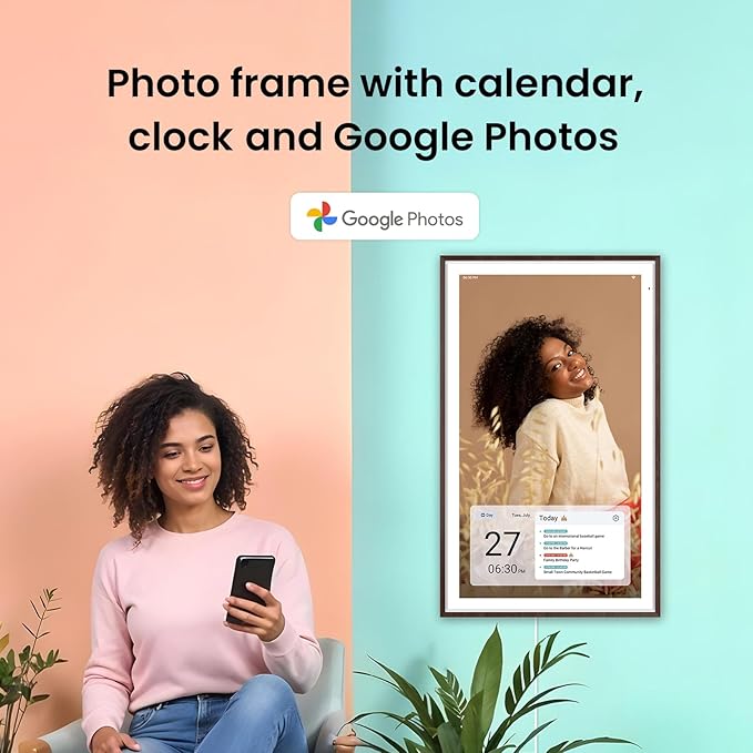 Apolosign 27-inch 4K Digital Calendar: Dual Mode Smart Wall Planner, No Subscription, Install Apps, Sync Calendars, Electronic Touchscreen Interactive Display for Family Schedules, Chore Chart - with Stand (Dark Oak)