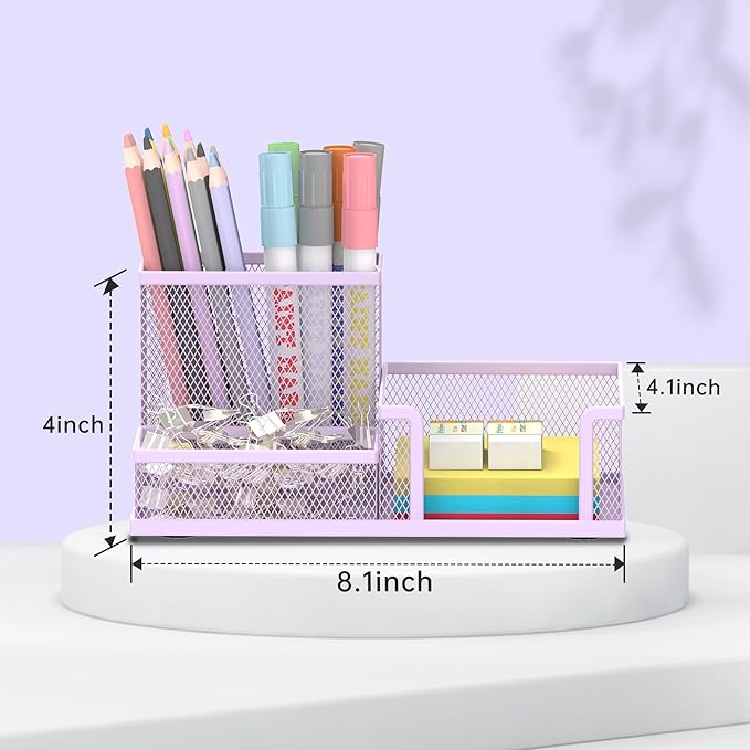 SUPEASY Mesh Pen Holder Desk Organizer, Office Supplies Pencil Storage with 3 Compartments, Office Desk Accessories and Workspace Organizers for Home School Classroom, Purple