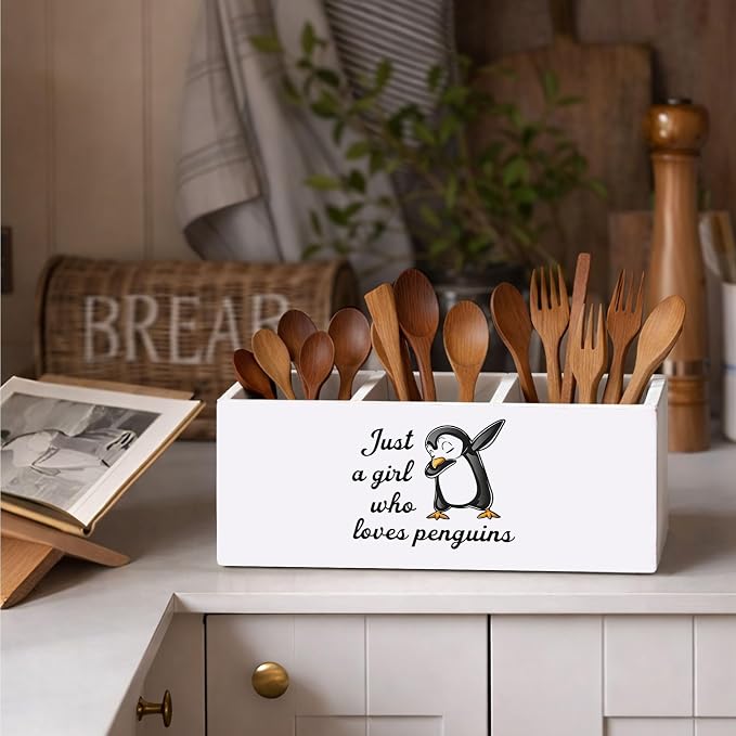 Just a Girl Who Loves Penguins Wooden Desk Organizer, Cute Penguin Design Pen Pencil Holder with 3 Compartments, Decorative Office Supply Storage Box for Desk, Home, Office, Gift for Penguin Lovers