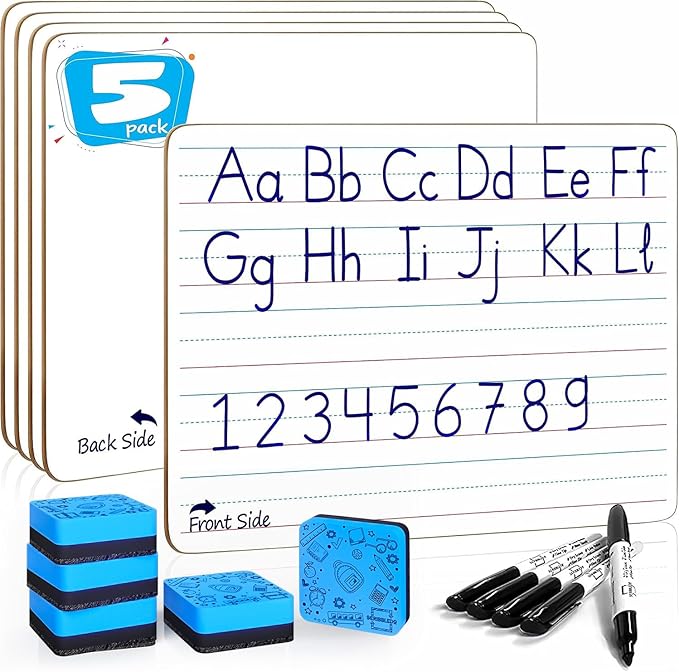 Scribbledo 5 Pack Lined Dry Erase Boards with Markers and Erasers, 9x12 Inch Double Sided White Board with Lines, Lined Dry Erase Boards for Students, Whiteboards with Lines for Classroom, Home