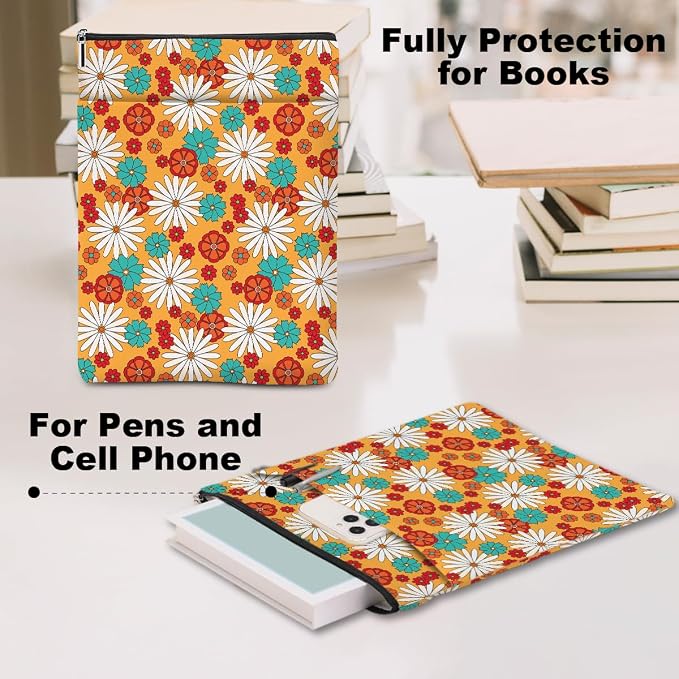Retro Floral Daisy Pattern Book Lovers Gifts Waterproof Book Sleeve Book Pouch Book Protector with Zipper and Front Pocket BookCover Case for Women Friend Mom Grandma Book Accessories Book Club Gifts