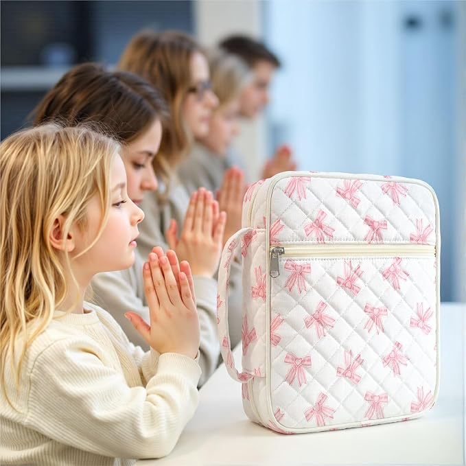 WOBAGMEN Bible Cover Case for Women,Large Bible Tote Bags Organizer Quilted Carrying Case for Girls,Bible Study Supplies Accessories Christian Gifts for Women (Pink Cute Bow, M)