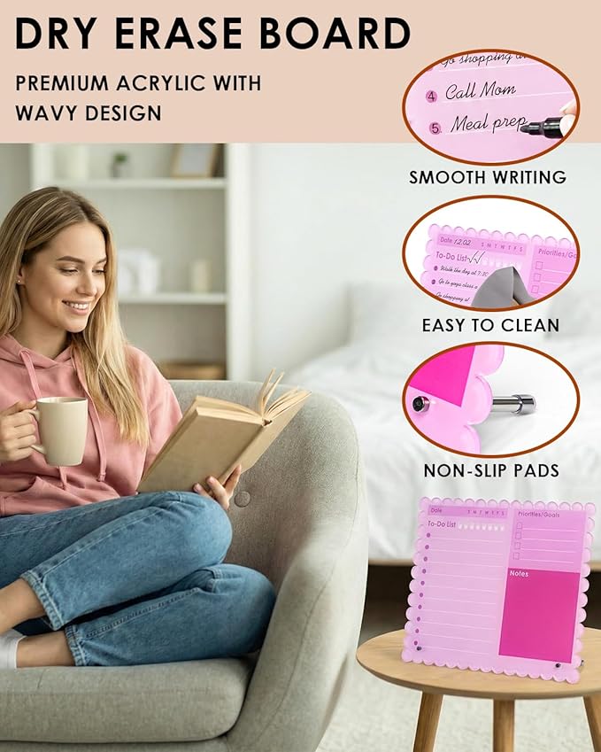 HAYVAN 12"x10" Acrylic Pink Dry Erase Board - Tabletop Whiteboard with 2 Markers, 2 Metal Stands & 1 Cleaning Cloth, 4mm Thick to-Do List Memo Board for Office, Home, School