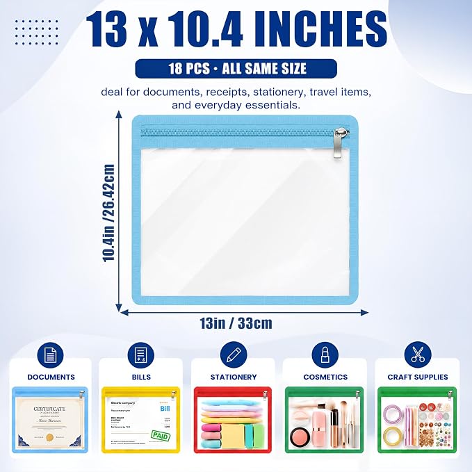 Ireer 18 Pcs Clear Zipper Pouches PVC Waterproof Pouch Bags Transparent Zipper Pouch Clear Storage Bags Multipurpose for Organizing Travel Cosmetics Document File (Multicolor,13 x 10.4 Inch)