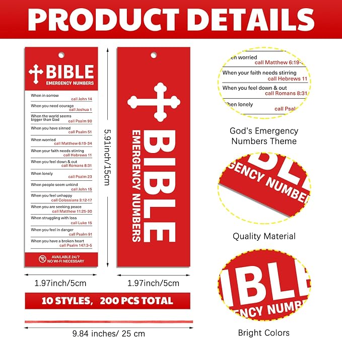Cholemy 60 Pcs God's Emergency Numbers Bookmark for Kids Paper Religious Catholic Tassel Bible Verse Christian Bookmarks Bulk with Red Ribbon for VBS Sunday School Classroom Church Gifts
