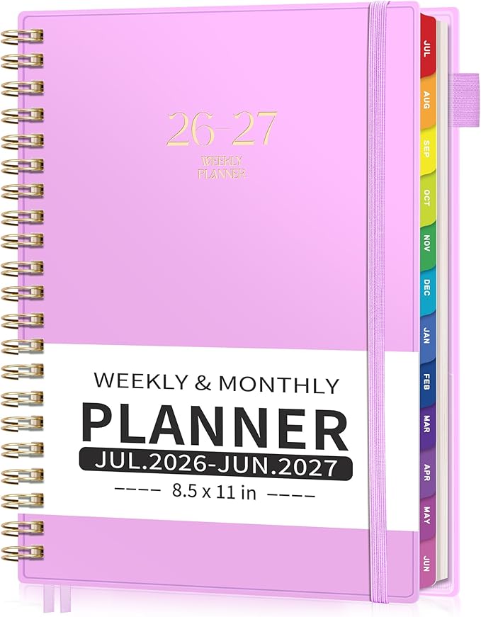 EMSHOI Academic Planner 2026-2027, Large A4 8.5x11, Weekly and Monthly Calendar (July 2026-June 2027), School Student Teacher Agenda Book, 100GSM Thick Paper, PVC Cover, Colorful Tabs, Purple