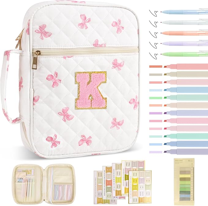 Personalized Initial Bible Cover Case for Women Girls Kid - Large Quilted Bible Case with Handle, Stylish Chenille Letter Bag Study Supplies, Perfect Christmas Gifts for Christians Women (Pink Bow-K)