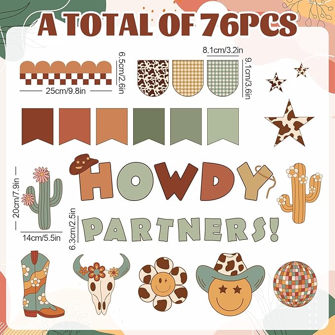 AnyDesign 76 Pcs Western Cowboy Bulletin Board Decoration Brown Wild West Howdy Partners Paper Cutouts with 150 Pcs Glue Points for Holiday Party Classroom Wall Decor