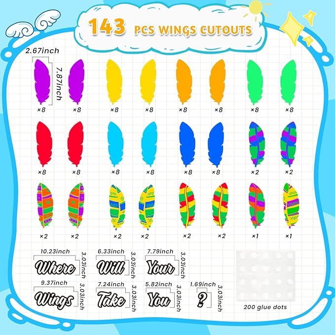 LioNergy 143 Pcs Classroom Wings Bulletin Board Set DIY Wings Motivational Bulletin Board Decoration Colorful Wings Paper Cutouts Theme for Wall Door Decor School Supplies