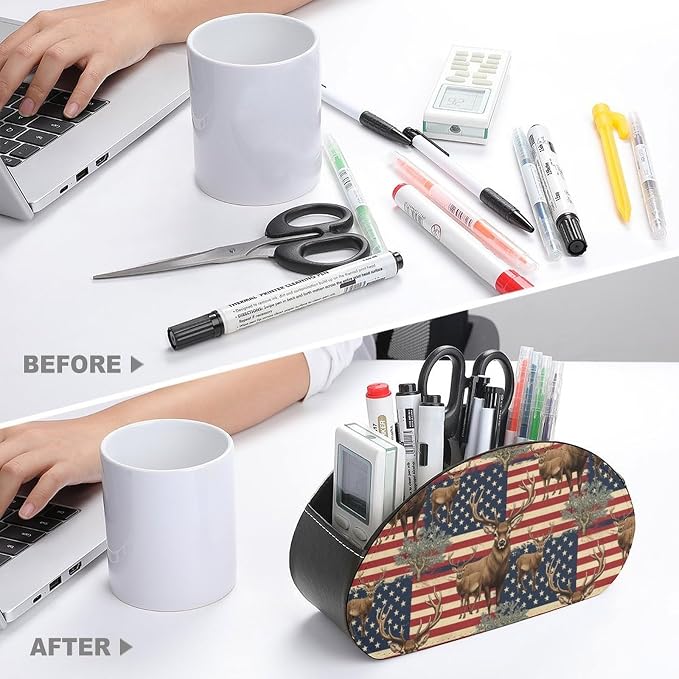 PU Leather Remote Storage Box, 5-Compartment Desk Organizer for Media Controllers, Office Supplies, and Home, American Flag Deers