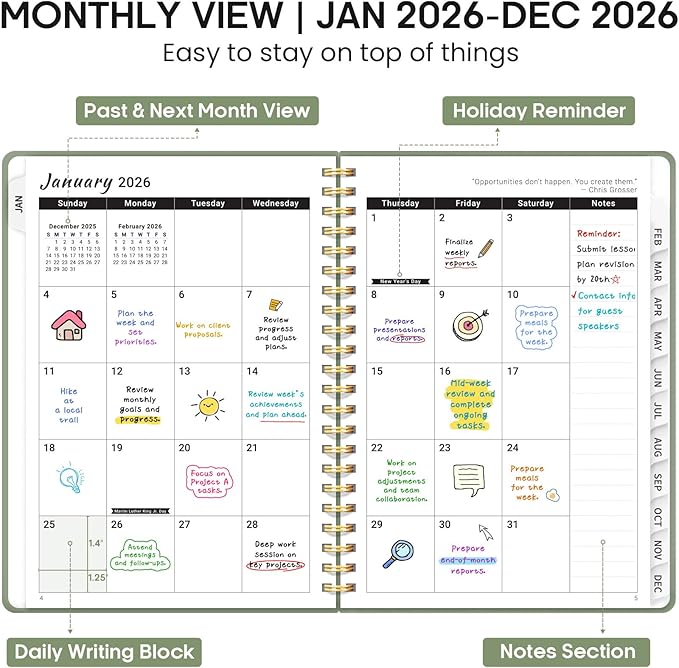 2026 Planner, Weekly and Monthly Calendar Planner Book, January 2026 - December 2026, Hardcover Spiral Planner with Monthly Tabs, Notes Pages, Perfect for Women & Men, A5 (6.4" x 8.5") - Green