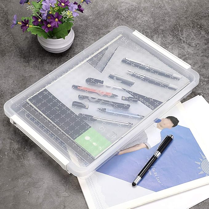 BTSKY A4 Plus Clear Transparent PP Plastic Stackable Storage Box Desk Paper Magazine Container with Buckle, Office Supplies Accessories File Protector Case Organizer, Portable Project Case