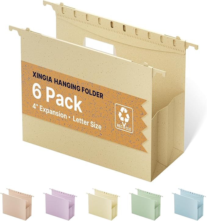 XINGIA 4 Inch Hanging File Folders Letter Size,6 Pack Extra Capacity Hang Folders for File Cabinets,Wheat Straw Expanding File Folders Hanging with Tabs,Designed for Bulky Files,Medical Charts