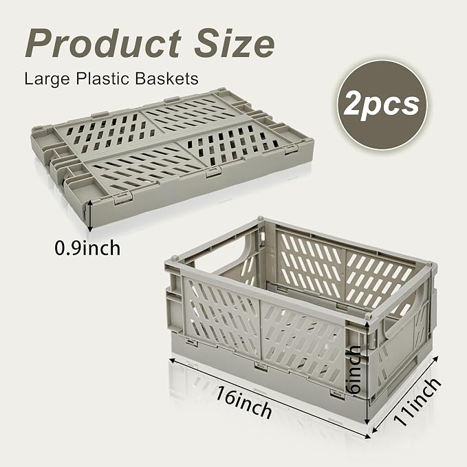 2 Pack Mini Foldable Small Plastic Baskets for Organizing and Storage，Collapsible Storage Crates,Mini Bins for Home Kitchen Bedroom Bathroom Office (Grey, Extra Large 16x11x6)