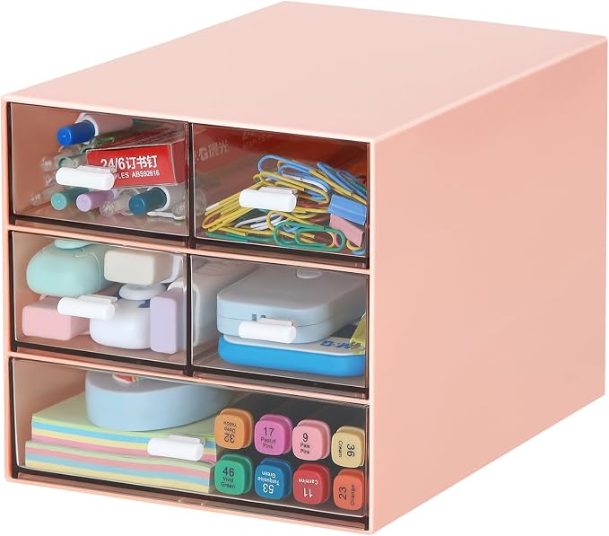 Desk Organizer with 5 Drawers, Rectangular Office Stationery Supplies Desktop Drawers, Plastic Makeup Storage, Suitable for Office, School, Home (Pink & 5 Drawers)
