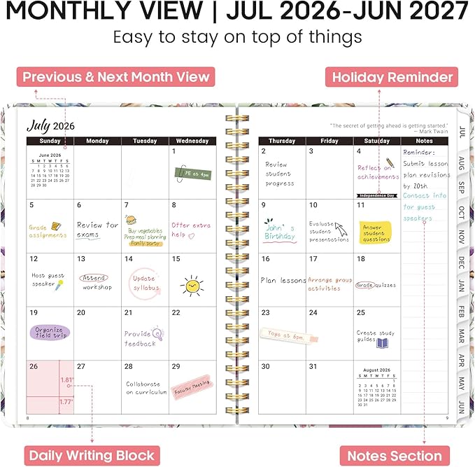 Academic Planner 2026-2027, Weekly and Monthly Calendar Book, July 2026 – June 2027, Hardcover Planner with Tabs, Perfect for Teachers, Students, Women & Men, A4 (8.5" x 11") - Songbird Bloom
