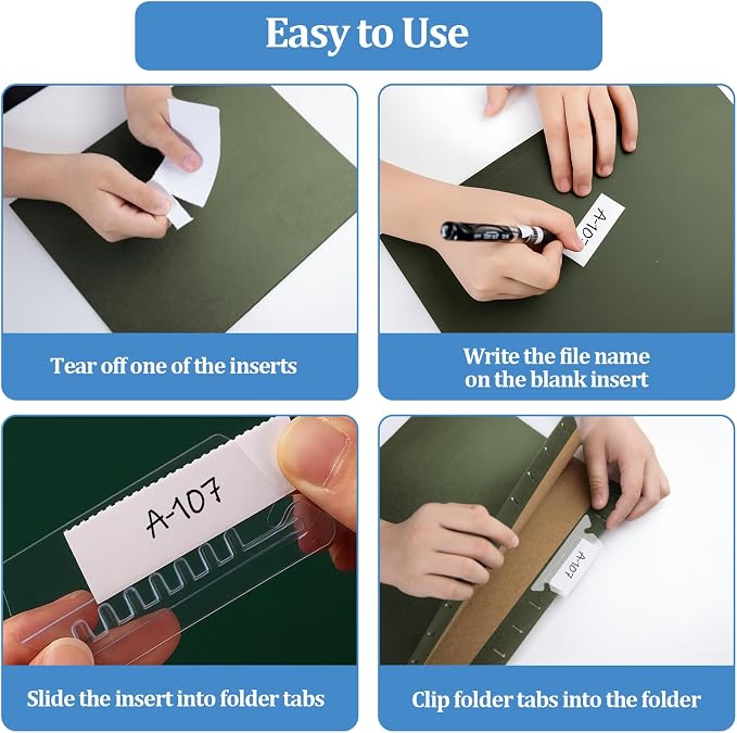 Hanging File Folder Tabs,50 Sets Hanging File Folder Labels Tabs and Inserts for Hanging Files Folders, Insertable Plastic Tabs Hanging Folder Tabs