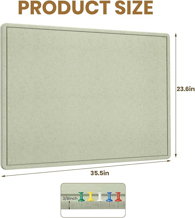 Bulletin Board, 36 X 24 inches Cork Board with 20 Pushpin, Felt Cork Board Notice Pin Board, Self-Adhesive Vision Board Mood Board Foldable Photo Board for Wall - Sage Green