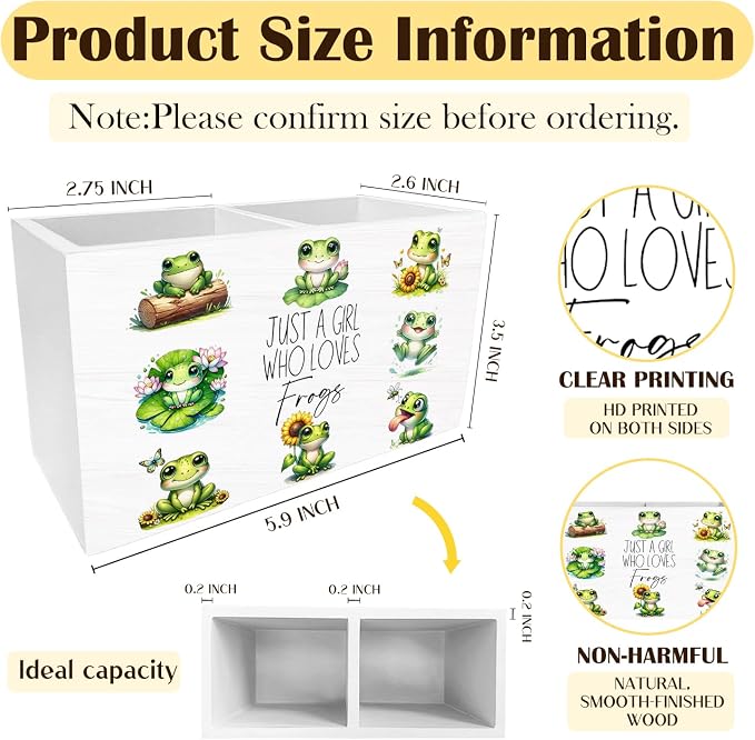 Cute Floral Frog Pen Holder for Desk, Gifts for Frog Lovers Pencil Organizer, Just a Girl Who Loves Frogs Wooden Box Sign Desk Decor for Home Office Decoration