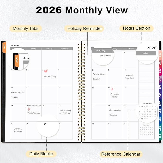 Oucaru 2026 Planner, Weekly and Monthly Planning Calendar, Jan 2026 - Dec 2026, 8.5" x 11", Spiral Bound, 12 Habit Trackers & Monthly Tabs, 2 Storage Pockets, Perfect for Office Home School Supplies