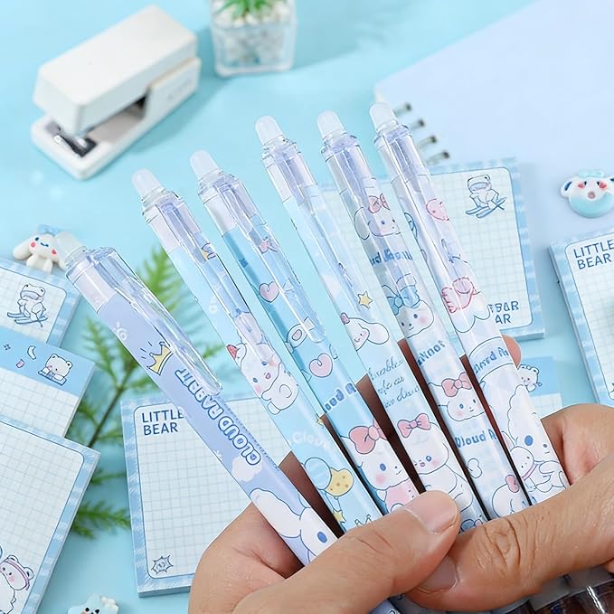 10 Pcs Stationery Set, 6Pcs Cute Erasable Gel Ink Pens Blue Ink & 4 Pcs Kawaii Sticky Notes,Gifts for Students Party Office School Supplies