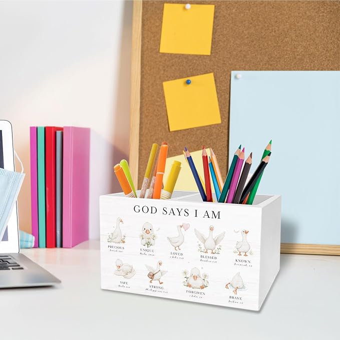 Inspirational Christian Goose Pen Holder for Desk, God Says I Am Bible Verse Pencil Organizer, Cute Goose Religious Wooden Box Sign Desk Decor for Nursery Home Office Decoration