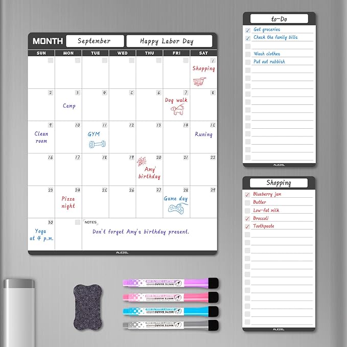 ALEZEL Dry Erase Calendar for Fridge Magnetic, Refrigerator Calendar Whiteboard Set - Vertical Dry Erase Refrigerator Calendar Planner with 2 List Boards, 4 Markers + Eraser