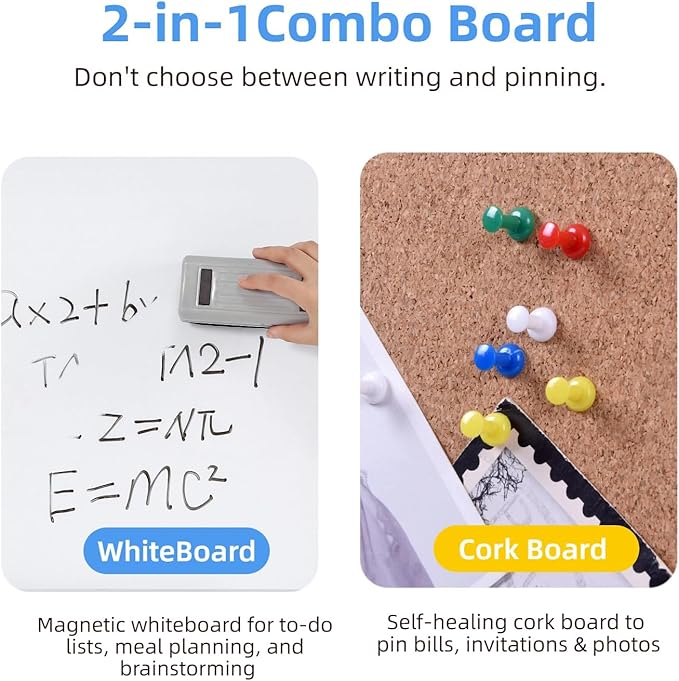Cork Board and Whiteboard Combination, 24" x 18" Bulletin & Magnetic Dry Erase Board for Wall, Vision Board for Home, Office, School, Silver Aluminum Frame