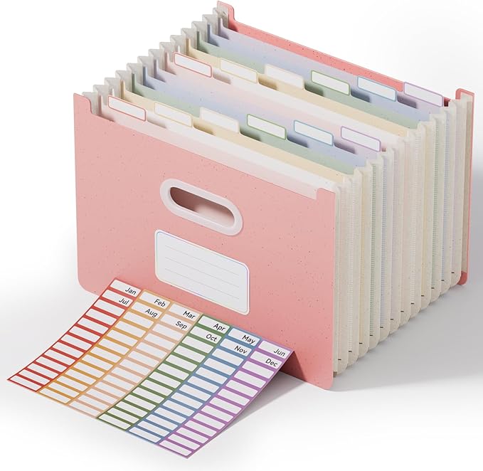 ThinkTex 12-Pocket Accordion File Organizer, Upright Open Top, Monthly Tabs, High Capacity Wheat Straw Expanding File Folder, Fits Letter A4 & Manila Folders for School Home Office -Strawberry Pink