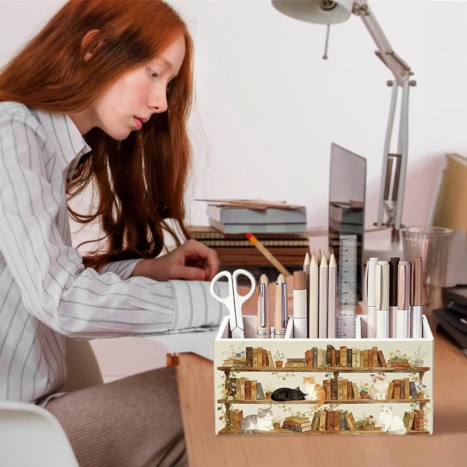 Vintage Cat Book Lover Pen Pencil Holder for Desk, Book Lover Reader Gifts, Cat Gifts for Women Men, Bookish Wooden Box Sign Decorations for Reading Corner Nook Room Classroom Desk