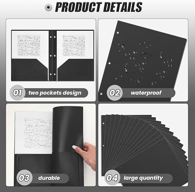 Yeaqee 72 Pcs Plastic Folders with Pockets Bulk 3 Hole Punched 2 Pocket File Folders for 3 Ring Binder Divider Folder for Notebooks, Durable Poly for Office Home (Black)