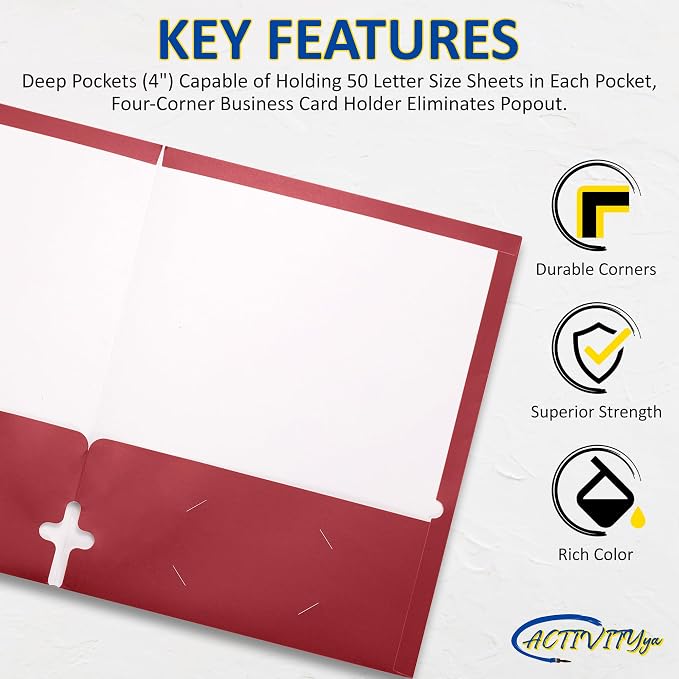 10 Pack Two Pocket Folders, Red, Strong Thick Paper Folders, for Letter Size, by ACTIVITYya