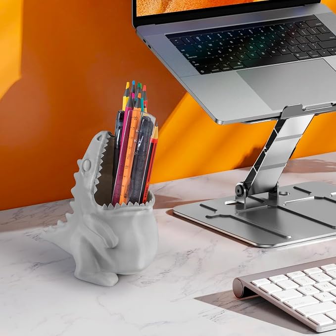Cute Dinosaur Pen Holder, Dinosaur Figurine Pencil Holder for Office Desk Decor, 3D Printed, Grey T-Rex Desktop Organizer, Funny Dinosaur Pen Holder Gifts for Boys
