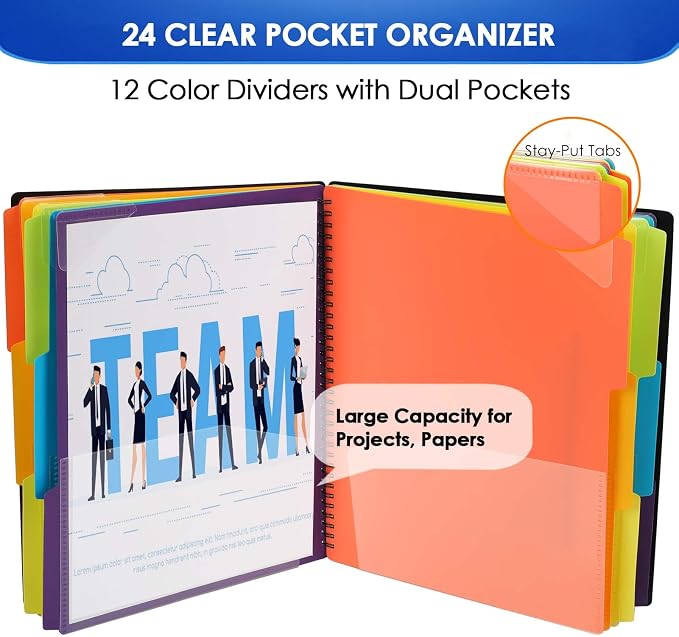 KTRIO 24 Pocket Project Organizer, Letter Size Spiral Binder,Black | 24 Pocket Storage,Letter Size Fit,Water-Resistant Poly,Zip Pouch Included,Writable Color Tabs